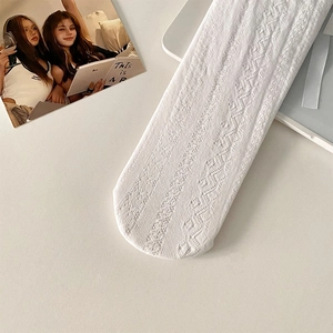 Détail de bas en dentelle blanche avec motifs floraux ajourés et texture tricotée ondulée