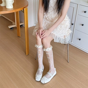 Detail of white lace knee-high socks with bows paired with classic Mary Jane flats
