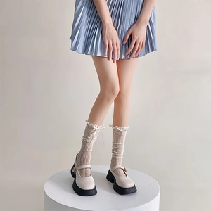 Detail of white lace calf socks with bow ribbons paired with Mary Jane platform shoes