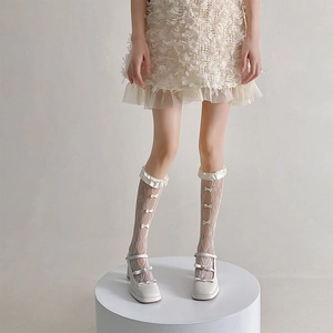 Detail of lace hollow-out knee high socks with silk ruffles and bow accents on Mary Janes