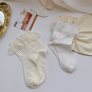 Detail of sweet Lolita style lace trim socks with vertical hollow jacquard patterns