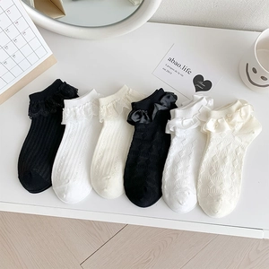 Chaussettes Courtes Femme En Mélange De Coton Avec Bordure En Dentelle Satinée Style Lolita Doux