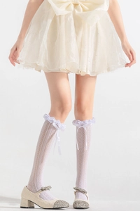 Détail de chaussettes hautes Lolita en dentelle blanche avec motifs résille et nœuds