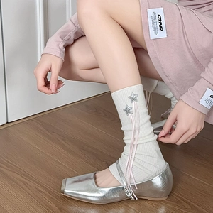 Pink ribbon bow leg warmers with silver star sequins for a sweet Lolita style look