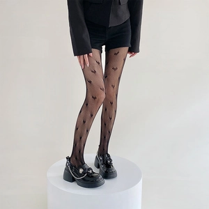 Detail of black heart pattern fishnet tights worn with chunky Mary Jane shoes