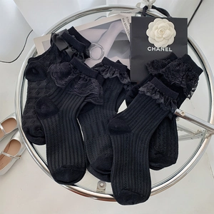 Calze Donna Al Polpaccio Misto Cotone Bordo Pizzo Righe Verticali Costine Stile Lolita Retrò Dolce Accessori Uniforme JK Nero