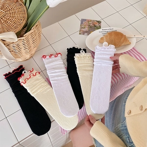 Dettaglio ravvicinato di calze in pizzo a rete con bordi ondulati e motivo floreale jacquard