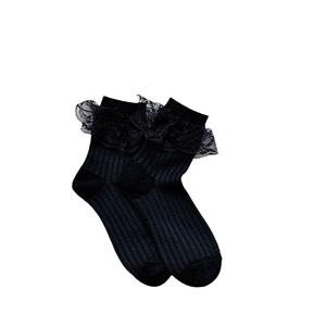 Sweet Lolita style black lace trim ribbed crew socks for women in minimalist white background