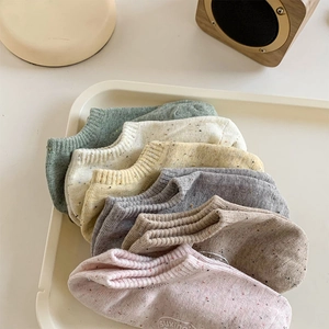 Detail view of multi-color low-cut ankle socks with melange knit texture and brand logo
