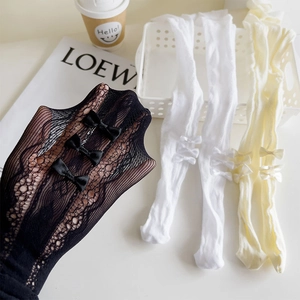 Close-up of sweet bow decoration on breathable lace mesh hosiery with three mini bows