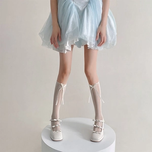 Lolita Calf Socks Nylon Mesh Hollow Out Bow Decor Japanese JK Style Sweet Breathable Long Socks For Women
