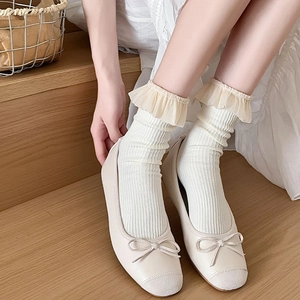 Damen Baumwolle Wadenlange Socken Rüschen Spitze Rippenstrick Japanischer Süßer Ballettstil Crew Socken Elastisch