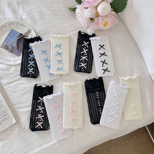 Chaussettes Mollet Dentelle Ajourée Nylon Maille Volants Nœud Papillon Lolita Kawaii Doux Rayures Verticales Respirant Femmes