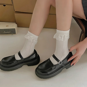 Chaussettes Lolita Femmes Coton Doux Garniture Dentelle Volants Mi-Mollet Bas Style Japonais Mignonne Princesse Nœud