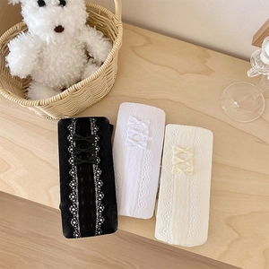 Japanese style lace bow tights for girls in black white and beige knit cotton