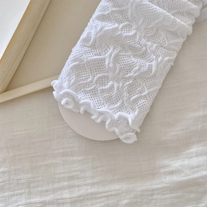 Close-up of white lace socks featuring intricate crochet patterns and delicate ruffle cuffs