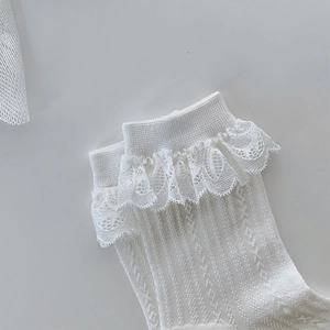 Gros plan sur des chaussettes blanches avec bordure en dentelle double et texture tricotée
