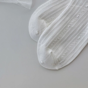 Gros plan de chaussettes montantes blanches style Lolita avec motifs en dentelle ajourée
