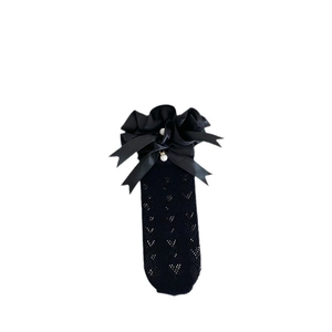 Chaussettes hautes noires en résille avec bordure en dentelle et nœud perlé pour filles