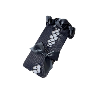 Lolita style black fishnet socks with lace trim and large satin bow decoration