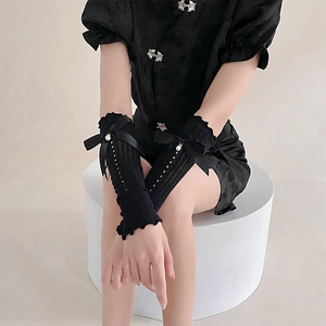 Lace mesh sun protection arm sleeves with ruffles, black bow and pearl details