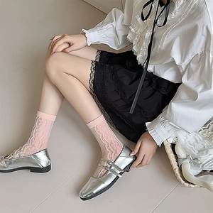 Detail of pink floral lace crew socks paired with silver metallic Mary Jane flats