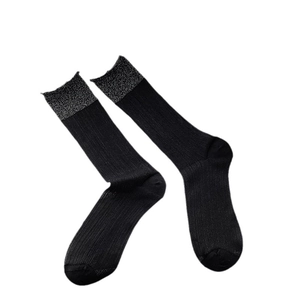 Black ballet-style ribbed crew socks with glittery silver trim for women, thin and stretchy