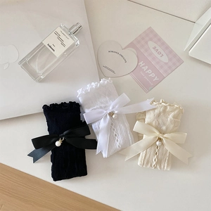 Sweet ballet-style lace arm sleeves with ruffle trim, ribbon bows and pearl charms
