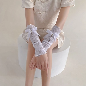 White lace sun protection arm sleeves with satin bows and pearls for women