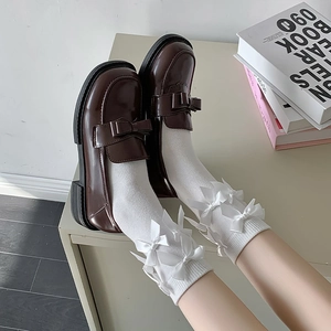 Women Sweet Lolita Mid-Calf Socks With Ribbon Bows Cotton Knitted JK Preppy Style