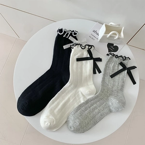 Women Cotton Calf Socks Ribbed Bow Ruffle Lettuce Edge Japanese JK Style Sweet Lolita Breathable Soft