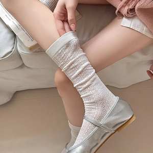 Japanese style white Lolita lace mesh socks with vintage floral pattern and Mary Janes