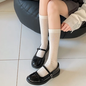 Close-up of white hollow mesh socks paired with black shiny patent leather Mary Janes