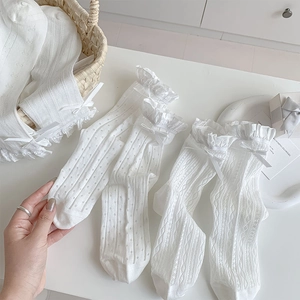 Detail of white lace socks with ribbon bows and heart mesh knit patterns on a desk