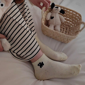 Japanese style cream crew socks with colorful dots and cute dog embroidery for women