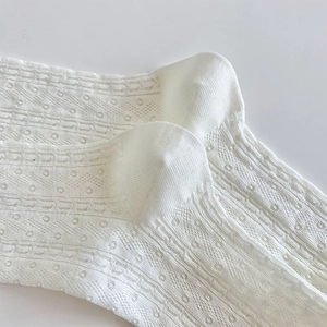 Detailed macro shot of white eyelet knit mesh fabric and lace trim on cotton socks