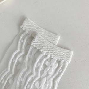 Detailed view of white floral lace socks featuring ribbed cuffs and sheer flower patterns