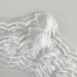 Close-up of white floral embroidery and scalloped edge on transparent mesh socks