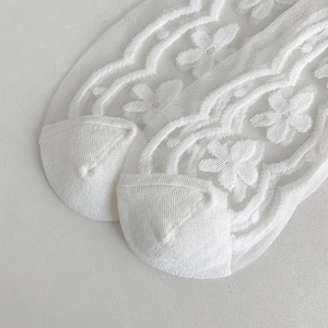 Close-up of white sheer lace socks with delicate floral embroidery and wavy texture