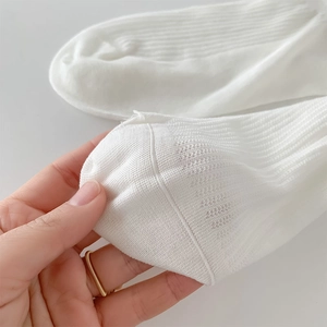Close-up of breathable mesh texture and fine vertical ribbing on white cotton socks