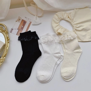 Damen Lolita Socken Mit Spitzenbesatz Mittelhoch Rippstrick Baumwollmischung Süßer Prinzessinnenstil Mädchen