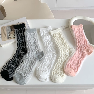 Five pairs of sheer glass silk floral crew socks in black, white, pink, grey and beige