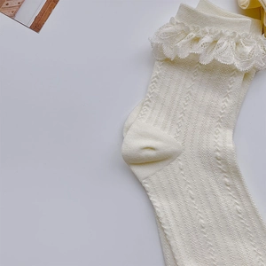 Detail von cremeweißen Socken mit Spitzenvolants, vertikalem Rippmuster und Lochmuster