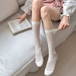Detailed close-up of white Lolita lace socks featuring hollow mesh texture and rib knit cuffs