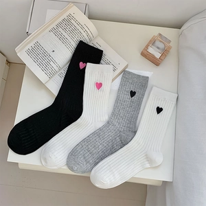 Women Crew Socks Cotton Blend Ribbed Knit Heart Embroidery Sweet Japanese Style Mid Calf Breathable Socks