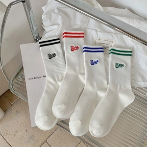 Women Cotton Blend Crew Socks Double Stripe Letter Embroidery Preppy Sporty Ribbed Mid Calf Socks