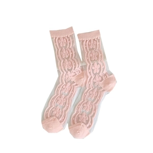 Pink floral embroidered sheer glass silk socks for women with sweet lace details