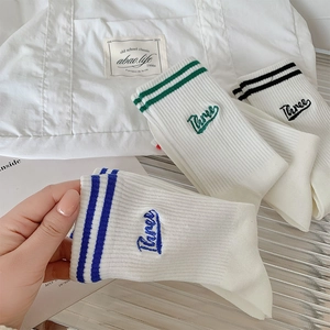 Detailed shot of white cotton ribbed crew socks with green, blue and black stripes