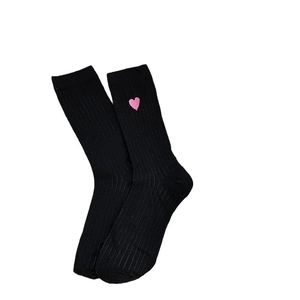 Japanese style black cotton crew socks with pink heart embroidery and vertical stripes