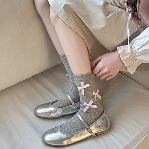 Gray JK style high socks with pink ribbon bows and vertical stripes for women